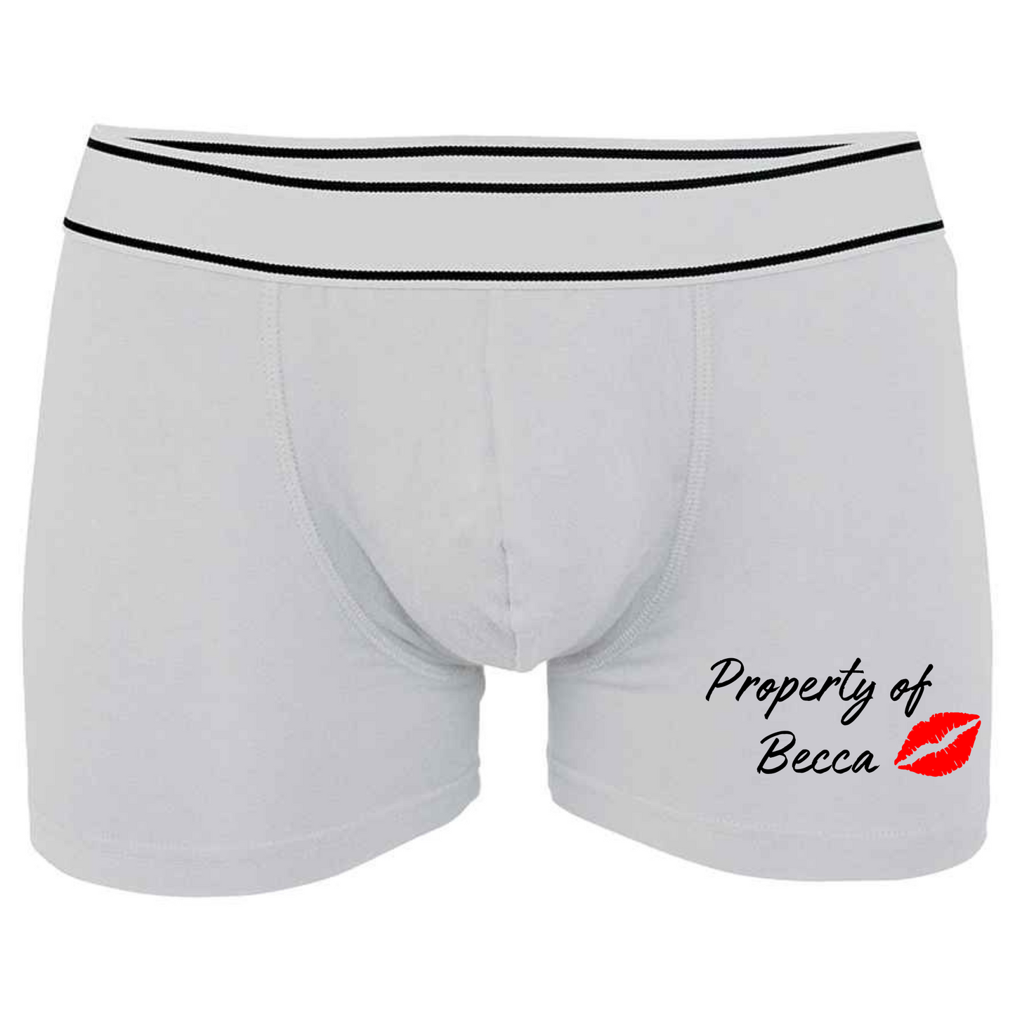 White boxer shorts printed with an image of lips and the words property of, followed by a name