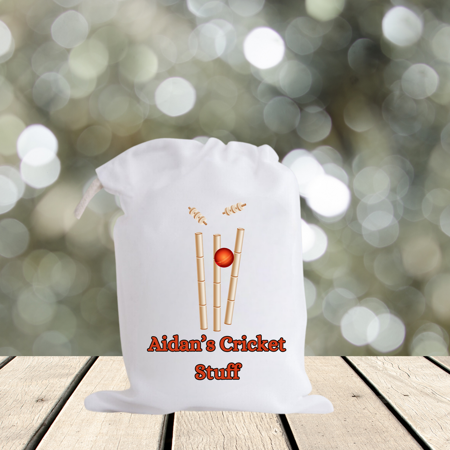 Drawstring cricket bag - personalised with name