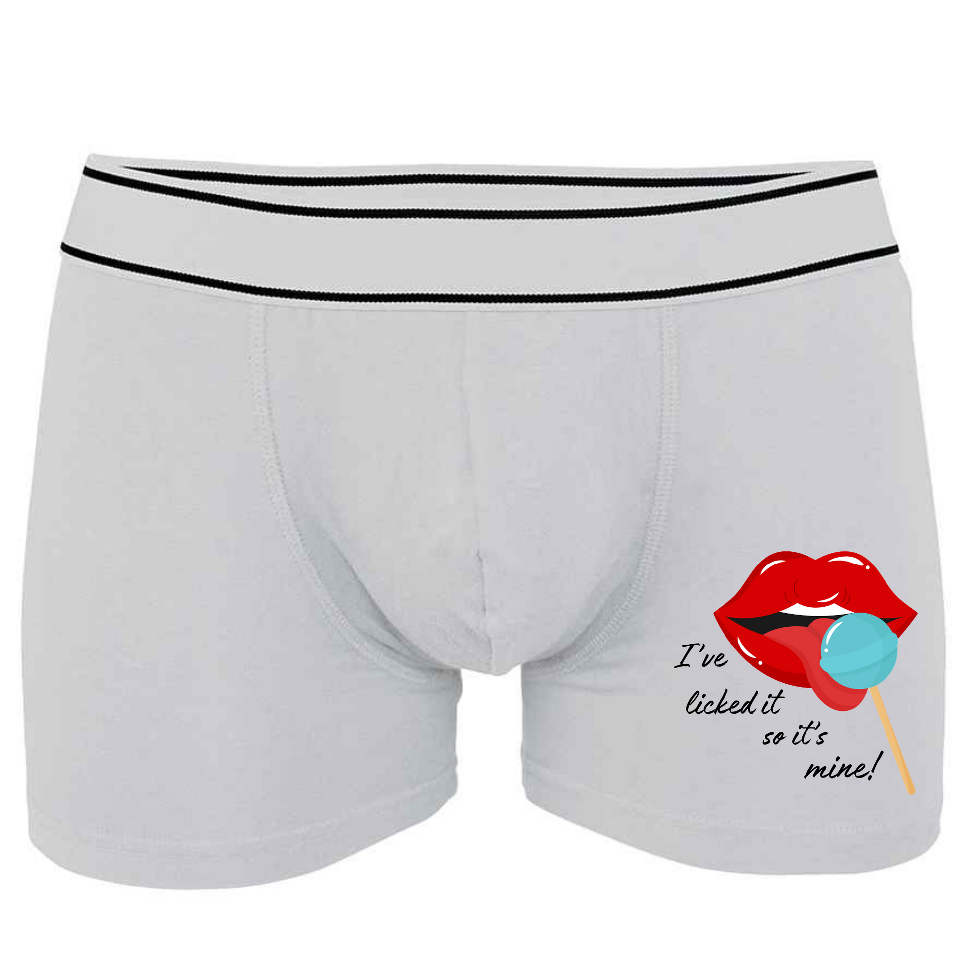 White boxer shorts printed with an image of lips and tongue licking a blue lolly  with the words I've licked it so it's mine