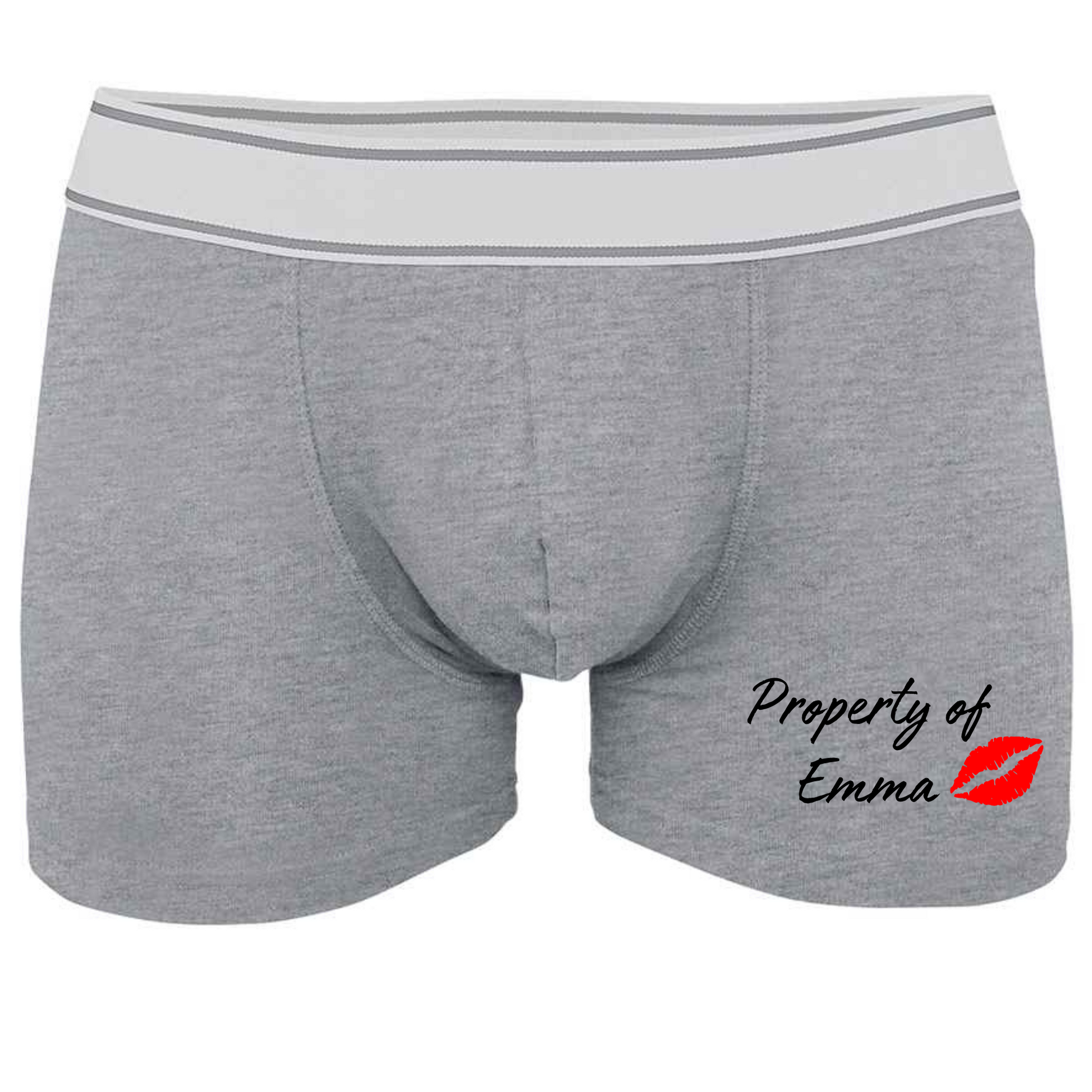 Grey boxer shorts printed with an image of lips and the words property of, followed by a name