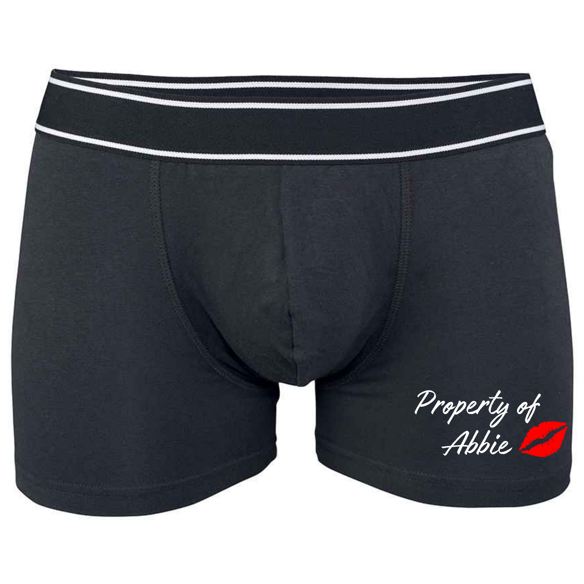 Black boxer shorts printed with an image of lips and the words property of, followed by a name