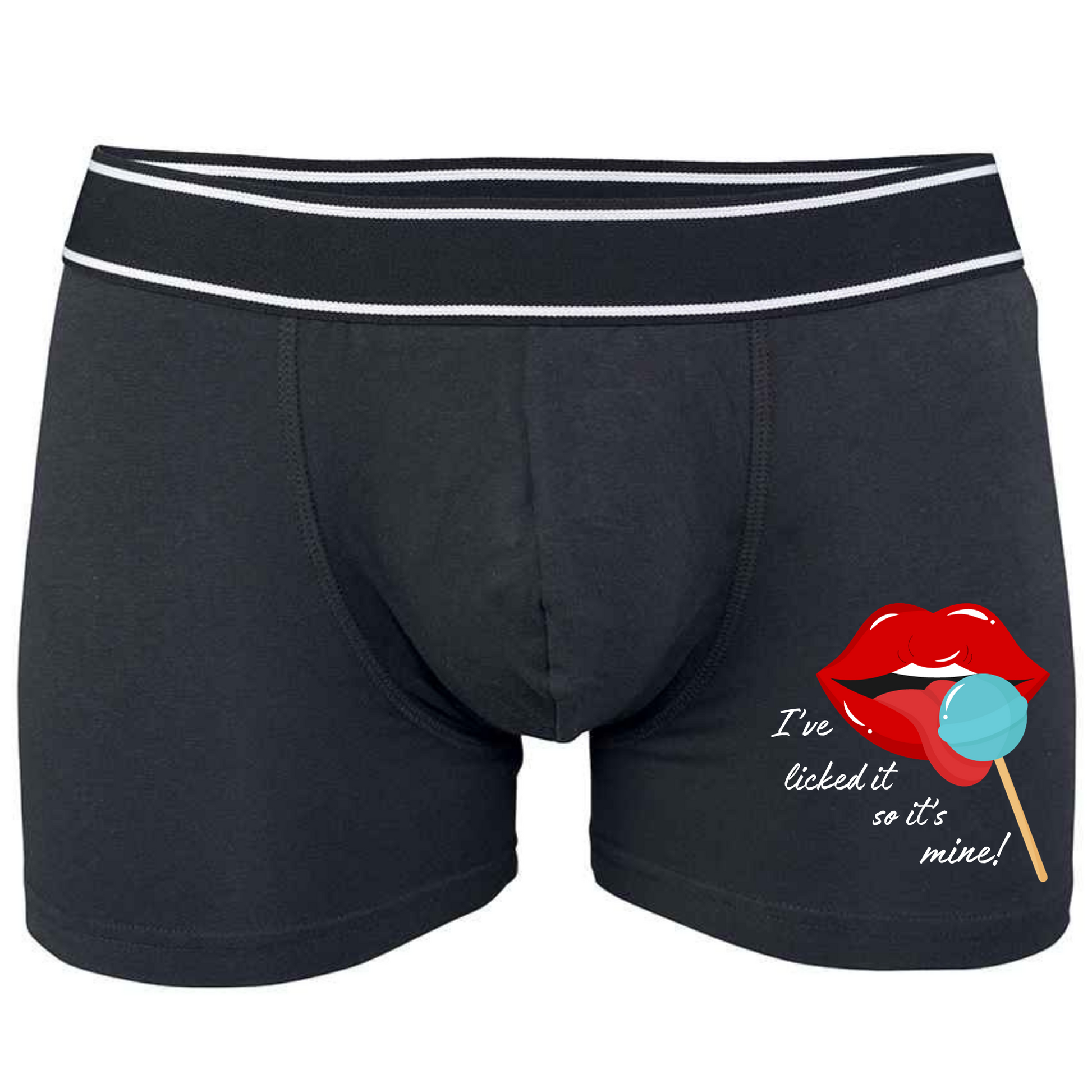 Black boxer shorts printed with an image of lips and tongue licking a blue lolly  with the words I've licked it so it's mine