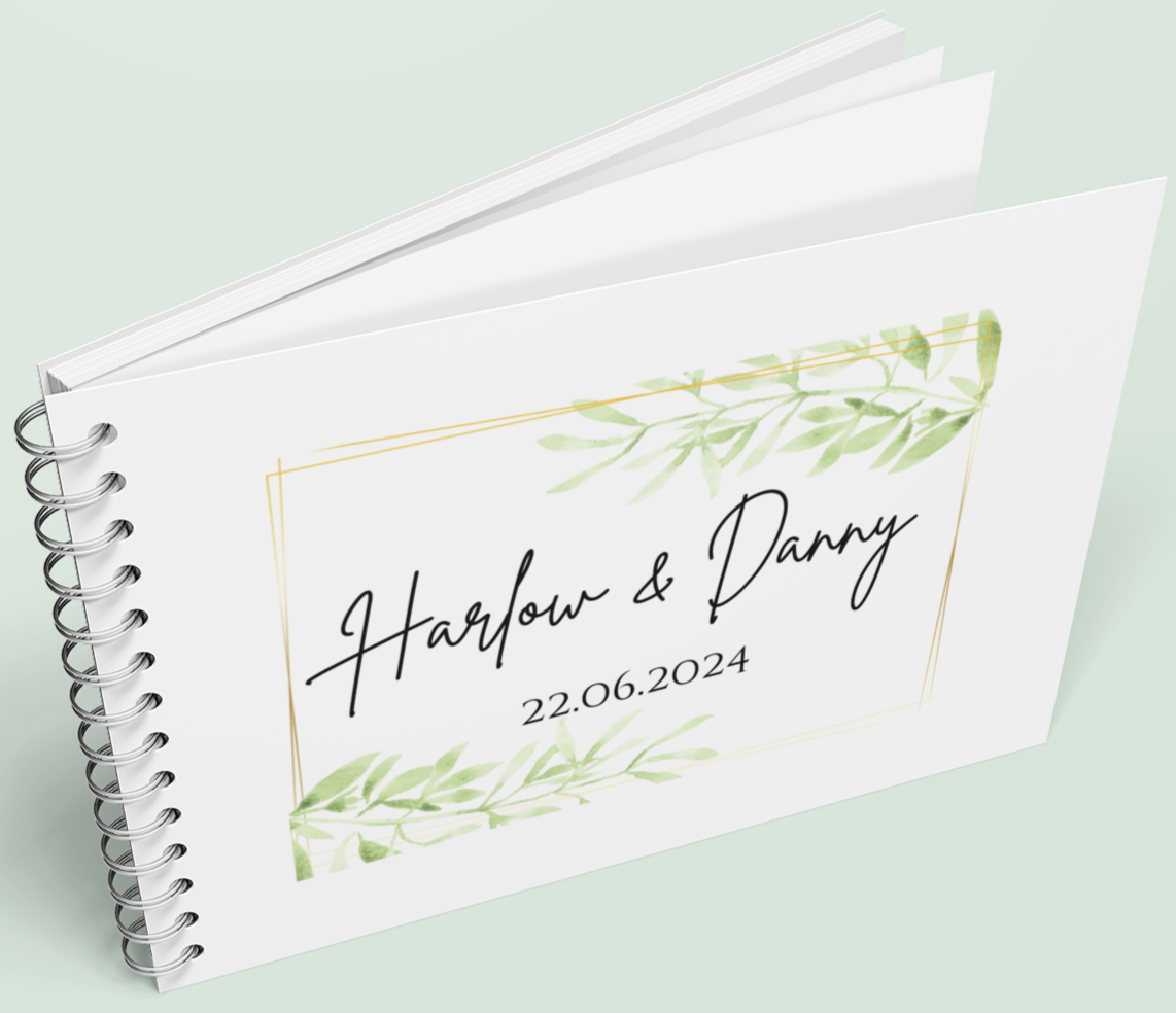 Wedding Guest Book with faded gold border and foliage