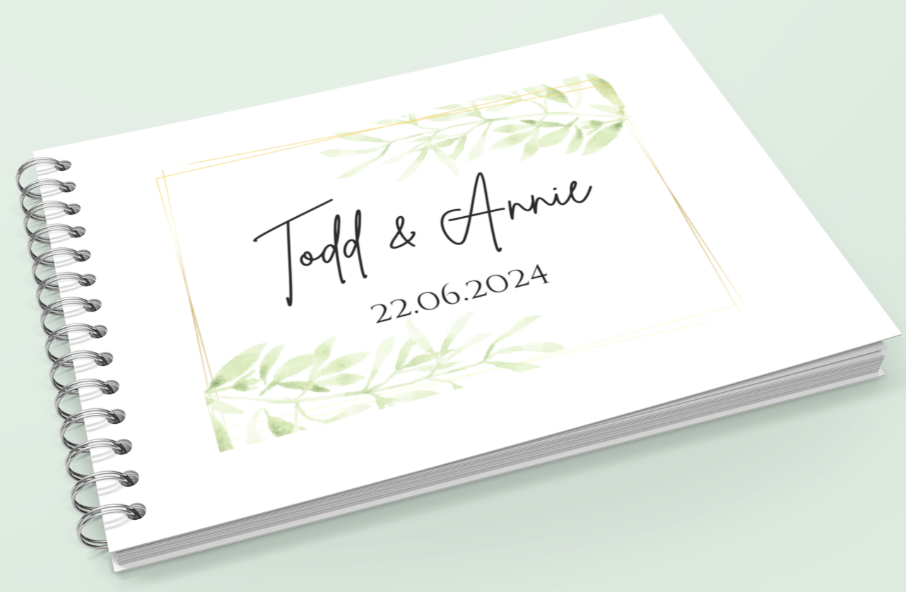 Wedding Guest Book with faded gold border and foliage