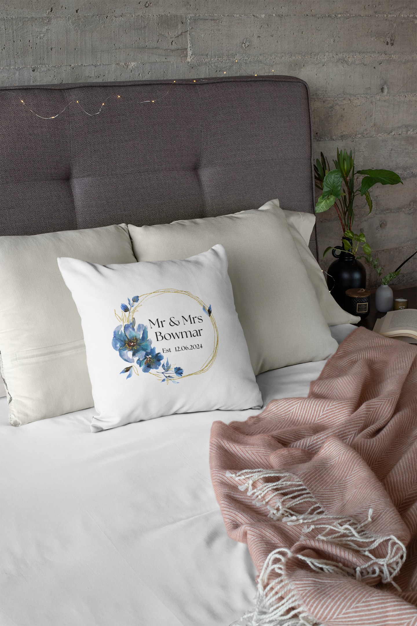 Mr and Mrs Cushion Cover With Blue Flowers