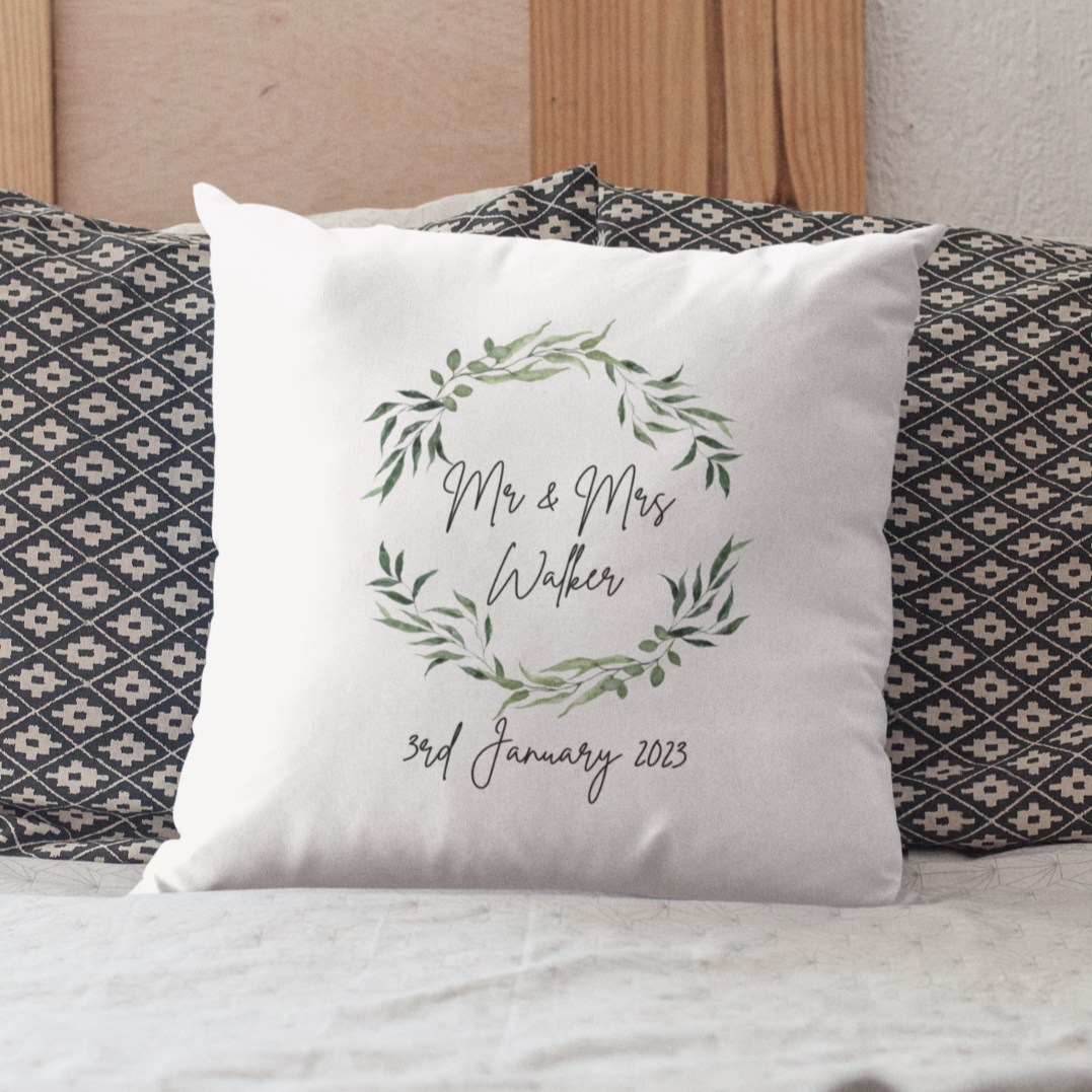 Mr and Mrs Cushion Cover With Green Foliage