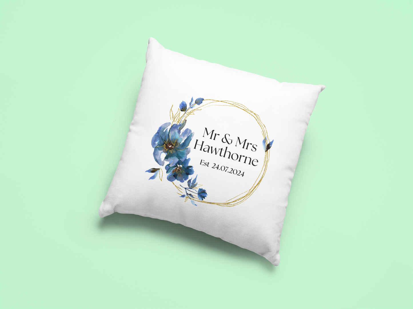 Mr and Mrs Cushion Cover With Blue Flowers