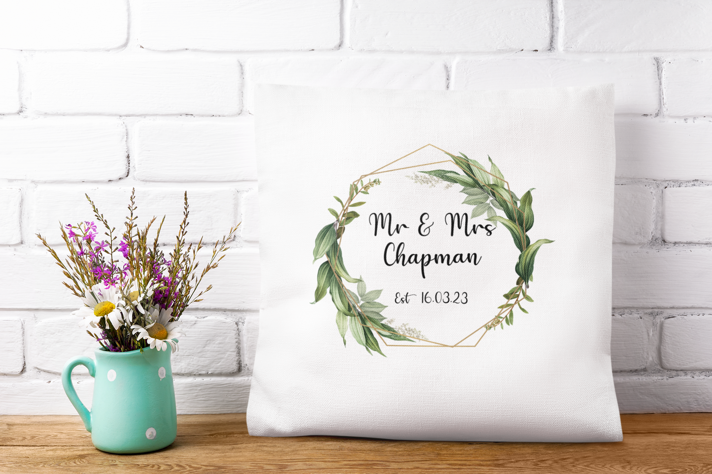 Mr and Mrs Cushion Cover With Green Foliage Hexagon