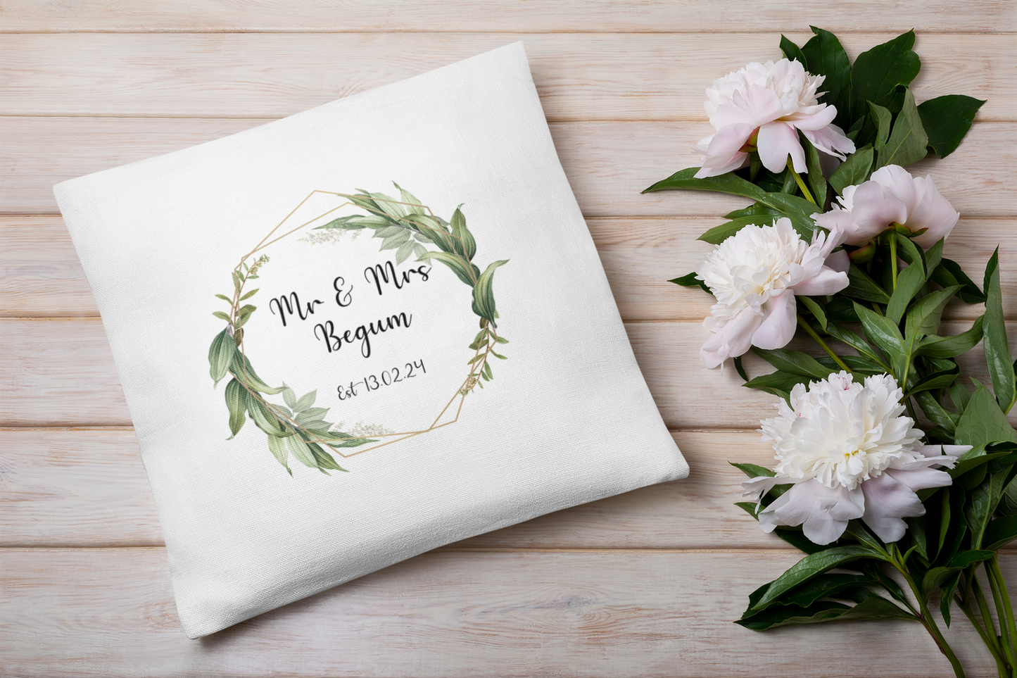 Mr and Mrs Cushion Cover With Green Foliage Hexagon