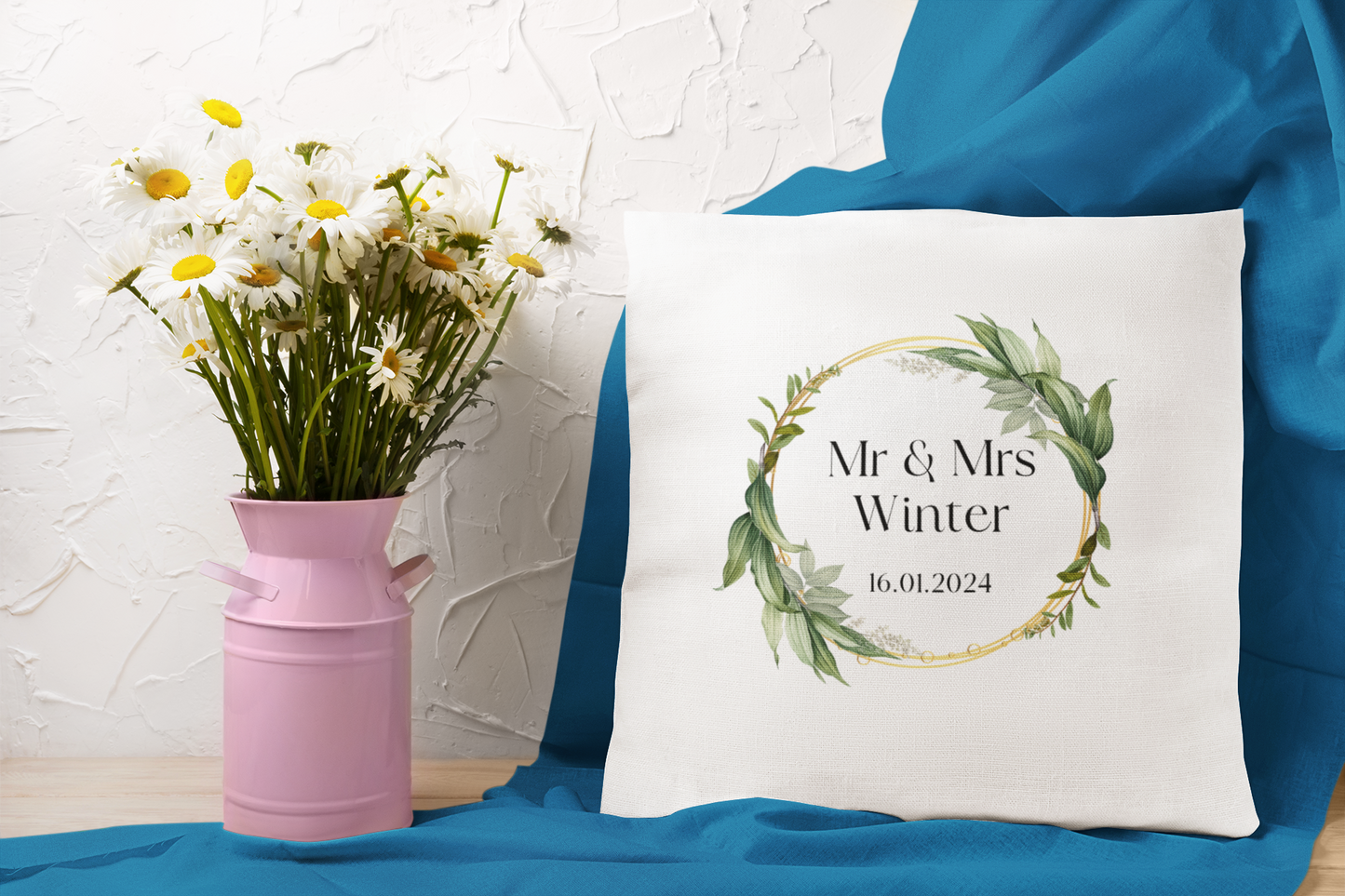 Mr and Mrs Cushion Cover With Green Foliage