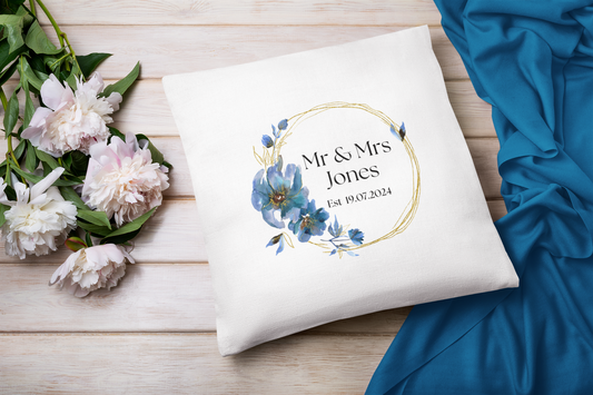 Mr and Mrs Cushion Cover With Blue Flowers