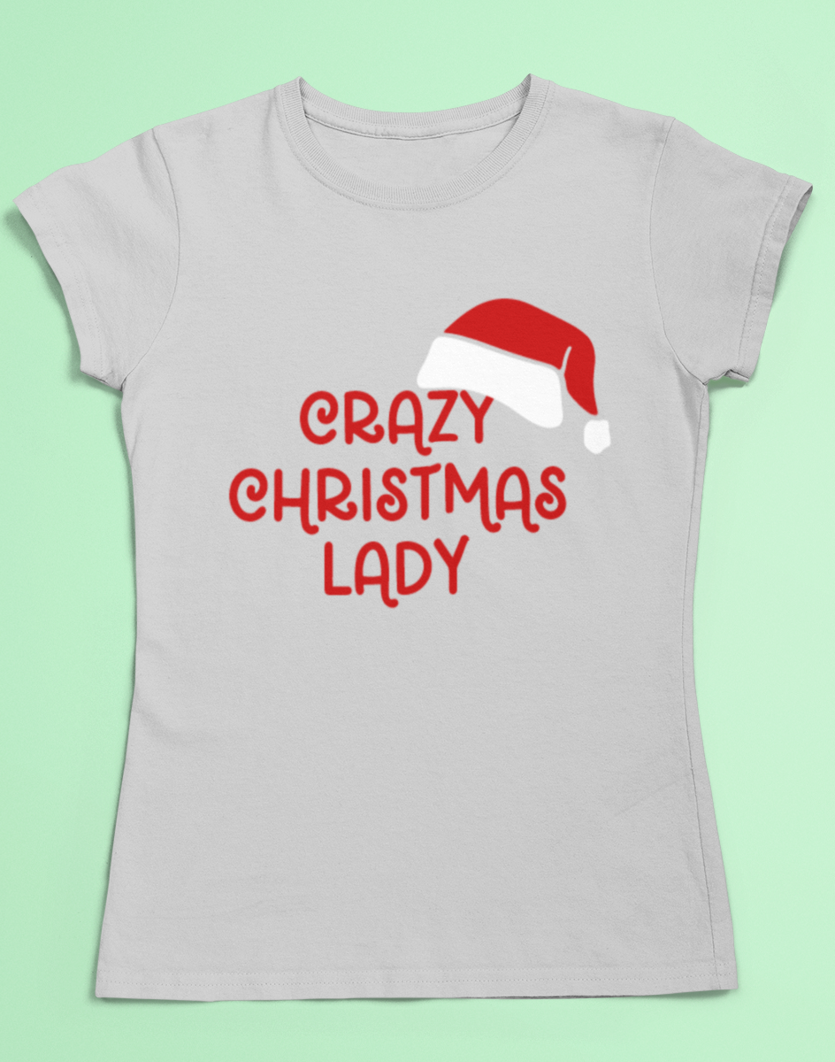 Grey t-shirt with the slogan "crazy Christmas lady" in red with a Santa hat placed on the top right hand side on the text 